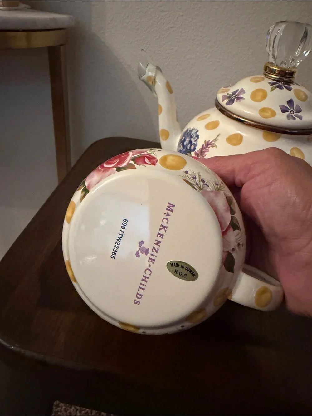 MacKenzie-Childs High Tea Yellow Polka Dot Floral Teapot